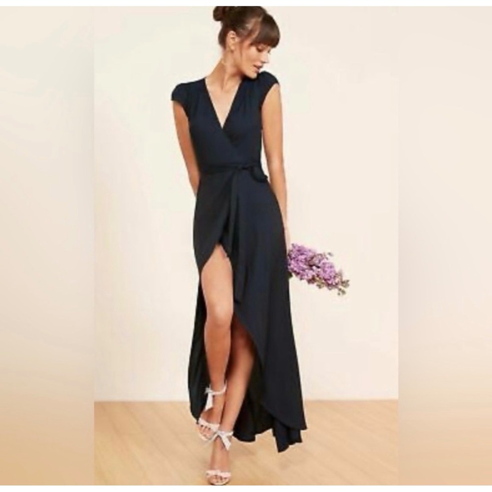 Reformation Navy Wrap Short Sleeve Maxi Dress M